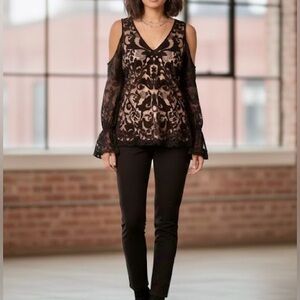 BRONTË || Braelyn Lace Embroidered Cold Shoulder Blouse in Black - SZ Small